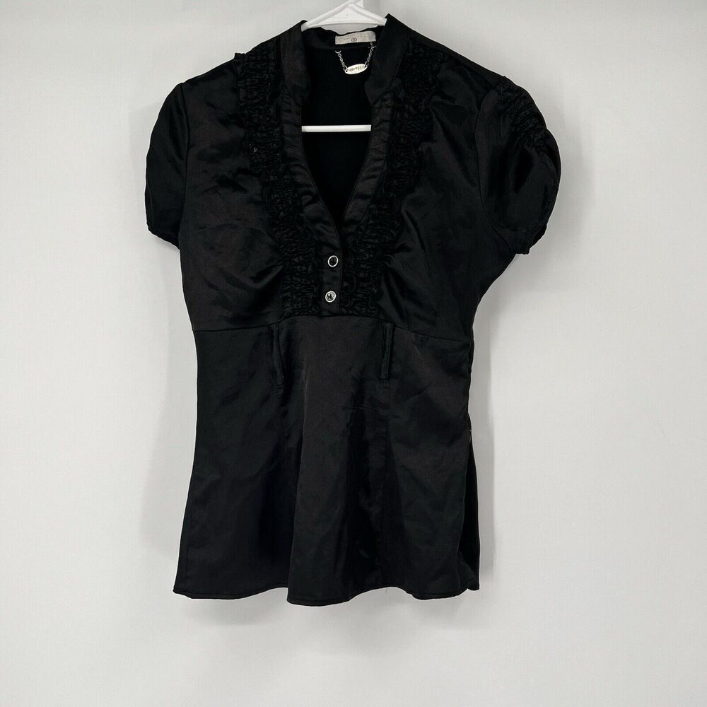 Womens Black Satin Y2K S Blouse Ruffle Vneck Goth Gothic Fairygoth No Belt Zip